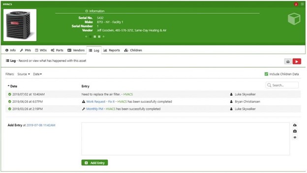 asset log entry in CMMS example