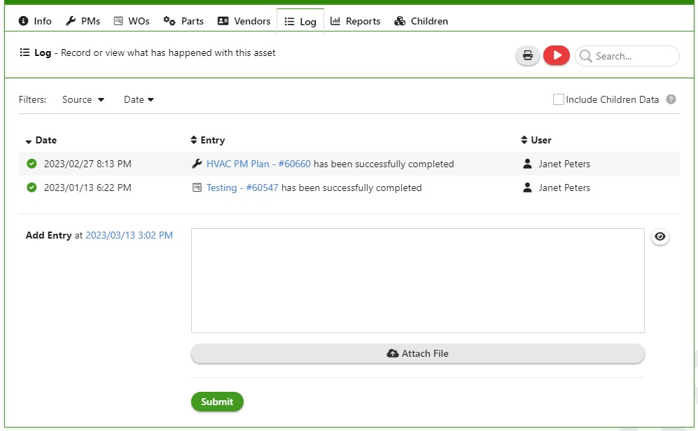 Example of maintenance history records for an HVAC.