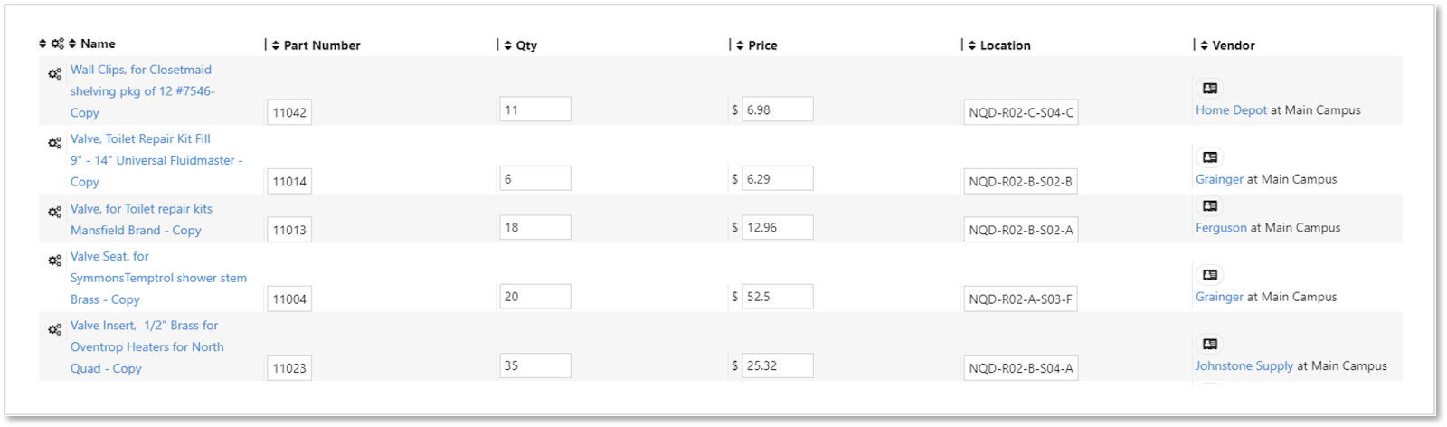 Spare parts database