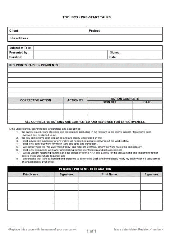 toolbox pre-start talk template